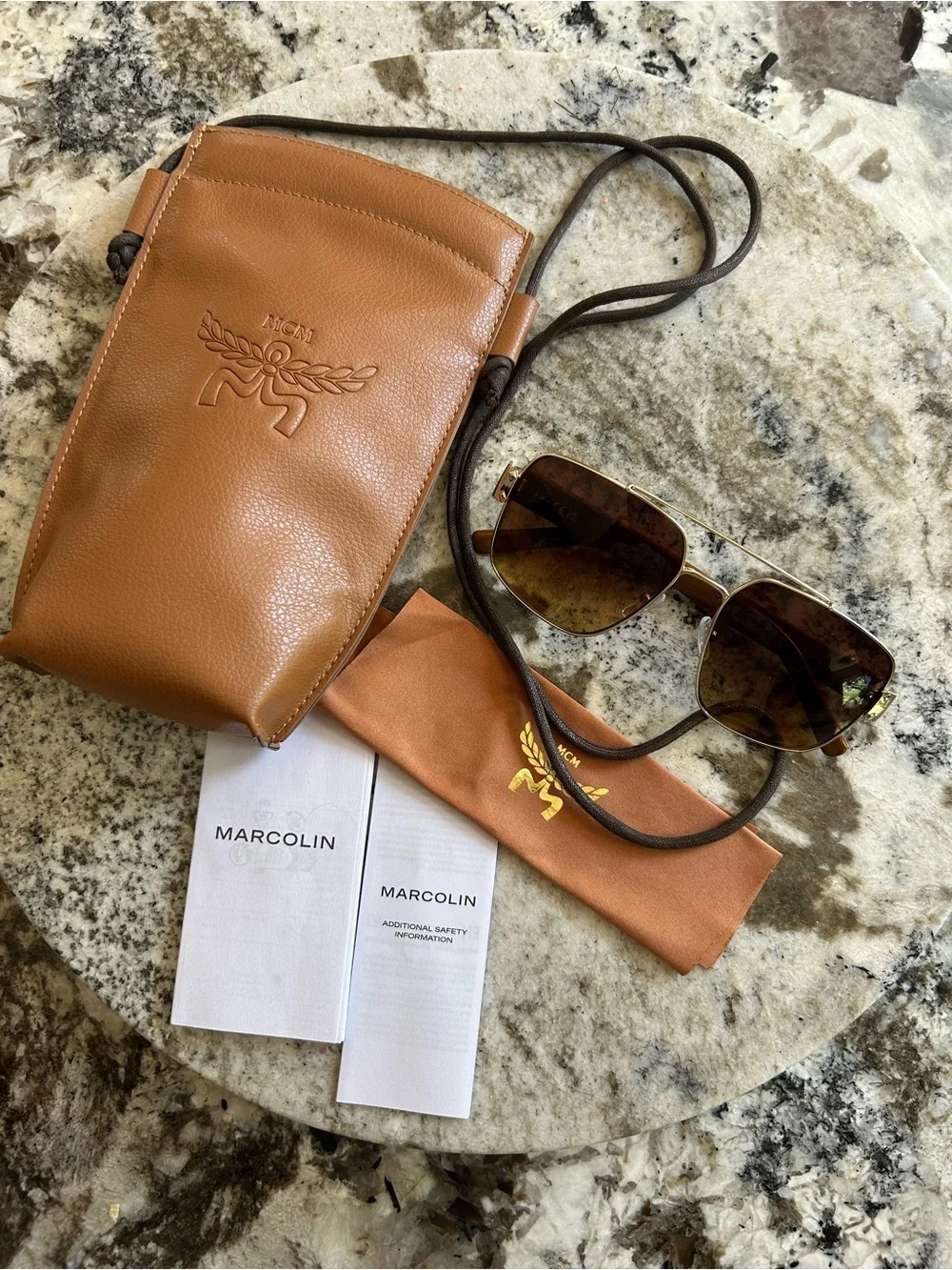 MCM Gold Frame Sunglasses with Brown Lenses and Tan Case